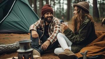 giovane coppia avendo un' picnic seduta vicino un' fuoco di bivacco e tenda bevanda caffè nel il pino foresta foto