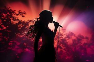 elegante fotografia di folclore ragazza cantando per un' microfono su palcoscenico. ai generativo foto