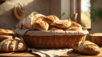 fetta di un' pane foto nel un' di legno vassoio o cestino