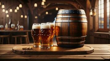realistico oktoberfest birra barile con birra bicchieri su di legno tavolo foto