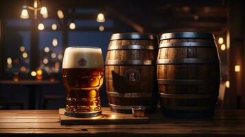 realistico oktoberfest birra barile con birra bicchieri su di legno tavolo foto