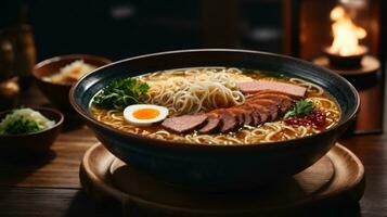 foto di ramen la minestra con tagliatelle morbido uovo e chashu Maiale su un' buio sfondo