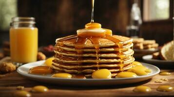 prima colazione Pancakes su piatto con miele e frutti di bosco foto