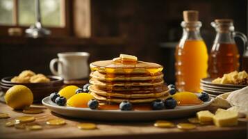 prima colazione Pancakes su piatto con miele e frutti di bosco foto