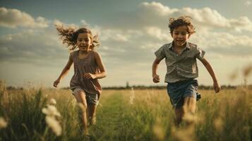 foto bambino chasing ogni altro su verde campo