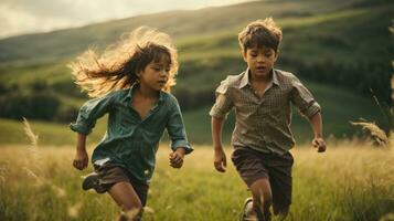 foto bambino chasing ogni altro su verde campo