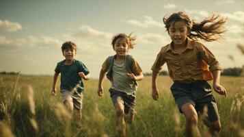 foto bambino chasing ogni altro su verde campo