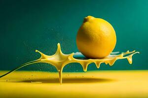 Limone frutta come gocciolante arte nel un' colorato giallo sfondo foto
