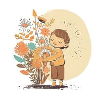 un' piccolo bambino con un' piccolo mazzo di fiori selvatici foto