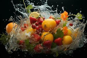 il frutta di diverso varietà fette caduta su di acqua foto