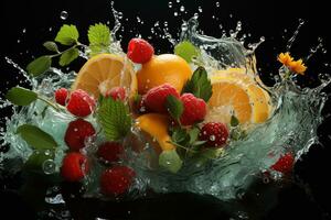 il frutta di diverso varietà fette caduta su di acqua foto