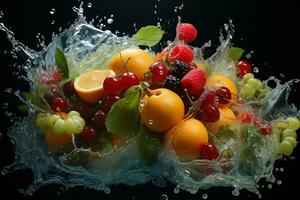 il frutta di diverso varietà fette caduta su di acqua foto