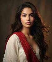 indiano giovane donna indossare saree su buio sfondo generativo ai foto