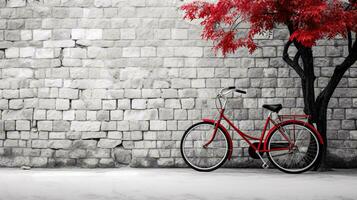 rosso bicicletta su bianca mattone parete con rosso foglia albero sfondo generativo ai foto