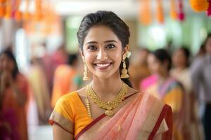 indiano contento sposato donna nel famiglia funzione generativo ai foto
