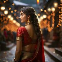 indietro Visualizza di giovane ragazza indossare rosso kerala seta saree generativo ai foto