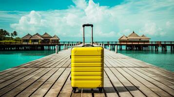 luminosa giallo valigia su ponte di spiaggia Casa generativo ai foto