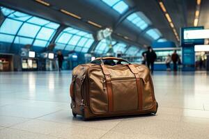 Marrone viaggio bagaglio Borsa nel aeroporto generativo ai foto