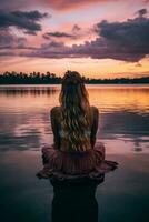 indietro Visualizza di un' ragazza seduta vicino un' lago a tramonto generativo ai foto