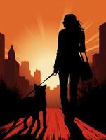 silhouette di un' donna a piedi con sua cane a tramonto generativo ai foto