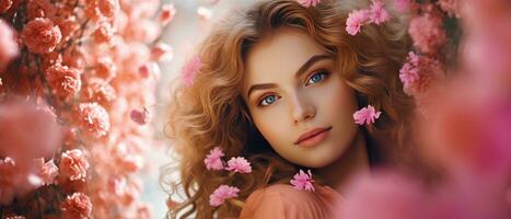 avvicinamento tiro viso di un' bellissimo ragazza con rosa fiori generativo ai foto