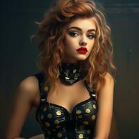 un' bellissimo giovane femmina indossare polka punto bustier superiore su buio sfondo generativo ai foto