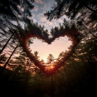 un' grande cuore forma fatto di alberi rami nel denso foresta generativo ai foto
