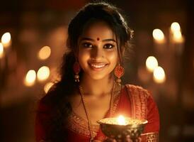 giovane indiano sorridente donna Tenere Diwali lampada su bokeh sfondo generativo ai foto