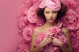 un' bellissimo donna indossare rosa fiori vestito su rosa fiore sfondo generativo ai foto