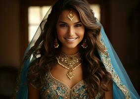 foto di un' moderno indiano sposa nel cielo blu nozze lehnga sorridente generativo ai