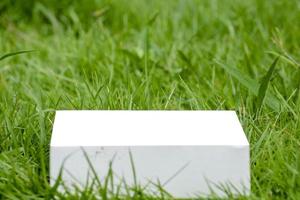 modello di scatola di carta modello bianco su uno sfondo di erba verde foto
