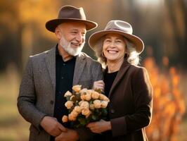 amorevole vecchio coppia è godendo un' romantico autunno giorno ai generativo foto