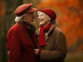 amorevole vecchio coppia è godendo un' romantico autunno giorno ai generativo foto