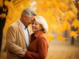 amorevole vecchio coppia è godendo un' romantico autunno giorno ai generativo foto