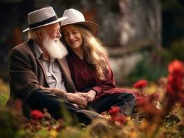 amorevole vecchio coppia è godendo un' romantico autunno giorno ai generativo foto