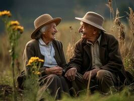 amorevole vecchio coppia è godendo un' romantico autunno giorno ai generativo foto