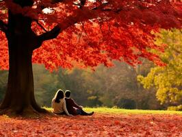 amorevole asiatico coppia è godendo un' romantico autunno giorno ai generativo foto