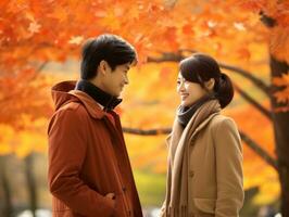 amorevole asiatico coppia è godendo un' romantico autunno giorno ai generativo foto