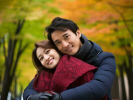 amorevole asiatico coppia è godendo un' romantico autunno giorno ai generativo foto