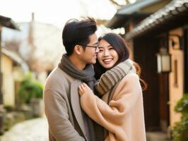 amorevole asiatico coppia è godendo un' romantico autunno giorno ai generativo foto