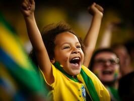 brasiliano ragazzo celebra il suo calcio squadre vittoria ai generativo foto