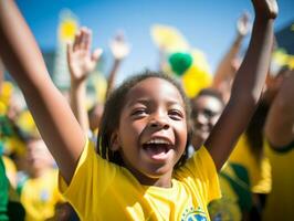 brasiliano ragazzo celebra il suo calcio squadre vittoria ai generativo foto