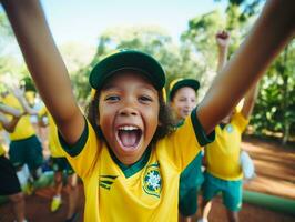 brasiliano ragazzo celebra il suo calcio squadre vittoria ai generativo foto