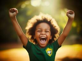 brasiliano ragazzo celebra il suo calcio squadre vittoria ai generativo foto