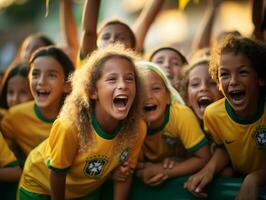 brasiliano ragazzo celebra il suo calcio squadre vittoria ai generativo foto