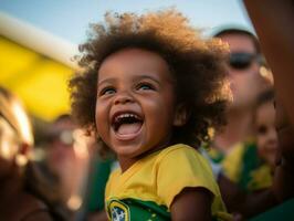 brasiliano ragazzo celebra il suo calcio squadre vittoria ai generativo foto