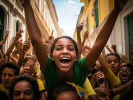 brasiliano ragazzo celebra il suo calcio squadre vittoria ai generativo foto