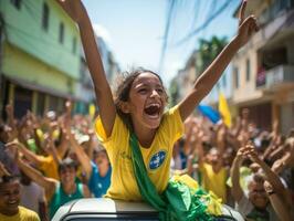 brasiliano ragazzo celebra il suo calcio squadre vittoria ai generativo foto