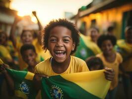 brasiliano ragazzo celebra il suo calcio squadre vittoria ai generativo foto