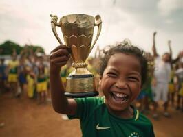 brasiliano ragazzo celebra il suo calcio squadre vittoria ai generativo foto